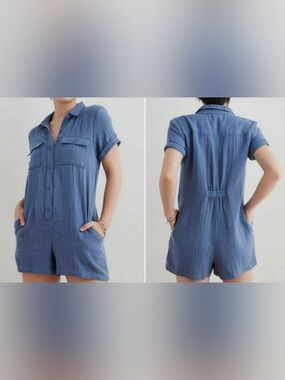 Aerie Blue Marble Short-Sleeve Crinkle Collared Romper, Sz L (P2P 21”)